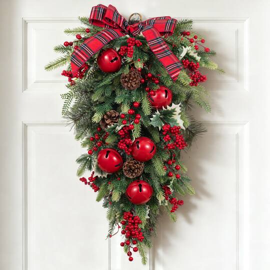 Glitzhome® 28" Christmas Bell Pinecone & Berry Bow Teardrop, Set of 2
